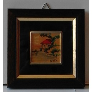 Cornice in legno  con SERIGRAFIA CASA con ALBERO   a colori su FOGLIA ORO 23 KT