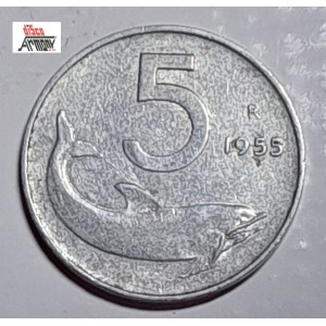 Moneta  da Lire 5  del 1955 - REPUBBLICA ITALIANA  ( Delfino   /  Circolata)