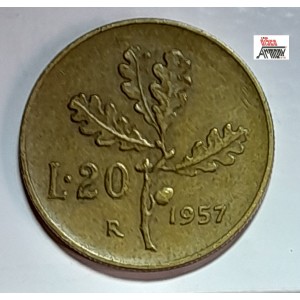 Moneta  da Lire 20 del 1957  - REPUBBLICA ITALIANA  (Ramo di Quercia/ Circolata)