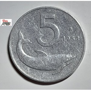Moneta  da Lire 5  del 1953 - REPUBBLICA ITALIANA  ( Delfino   /  Circolata)